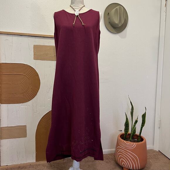 Vintage 90s Magenta Sleeveless Stone Beaded Embroidered Maxi Dress - Picture 1 of 13